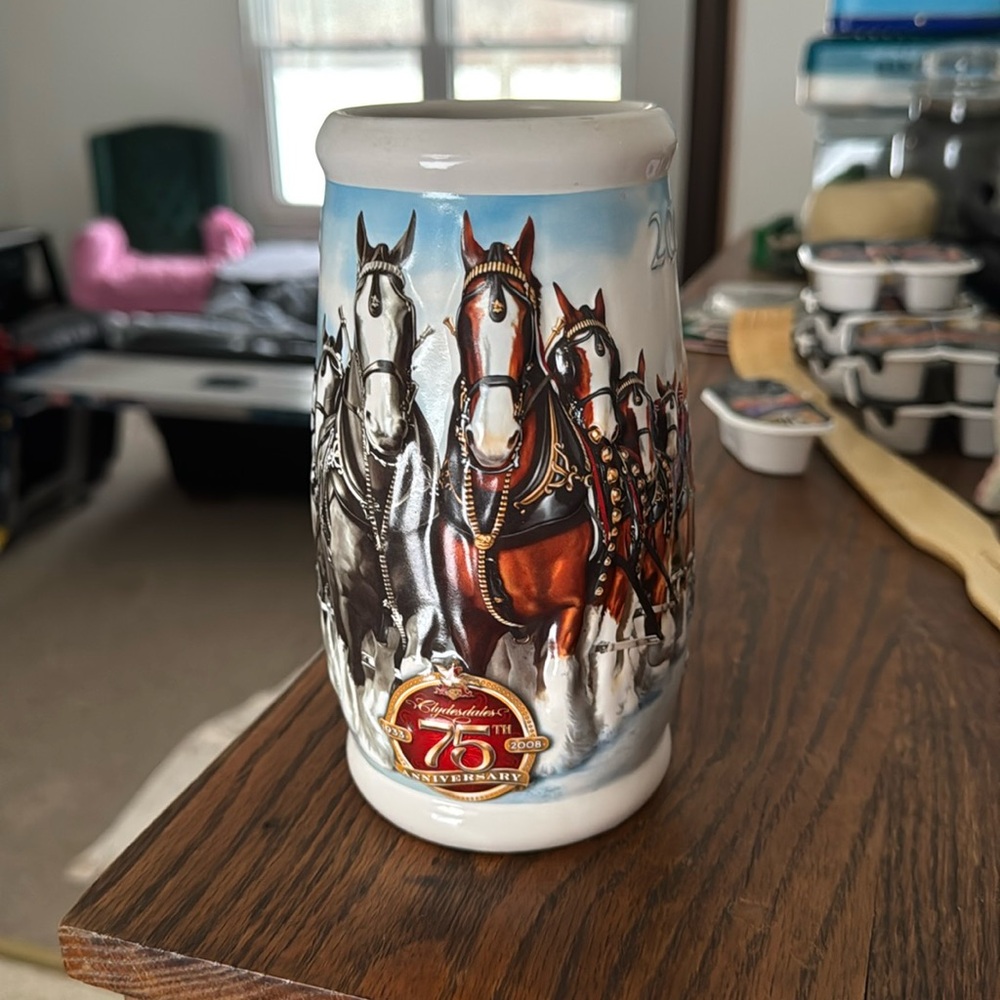 Budweiser Beer Stein 75 Year Anniversary 2008 7" Made in Brazil -Clydesdales